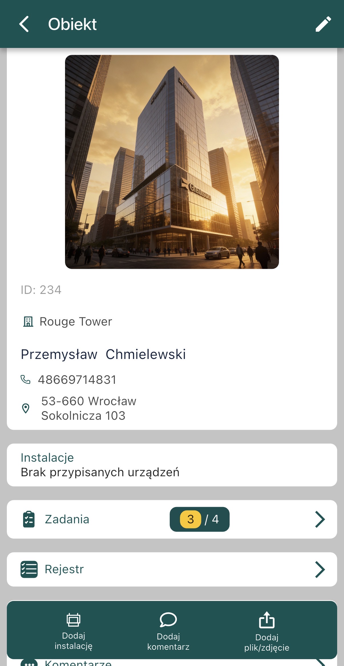 SLR aplikacja mobilna - widok szczegółów obiektu
