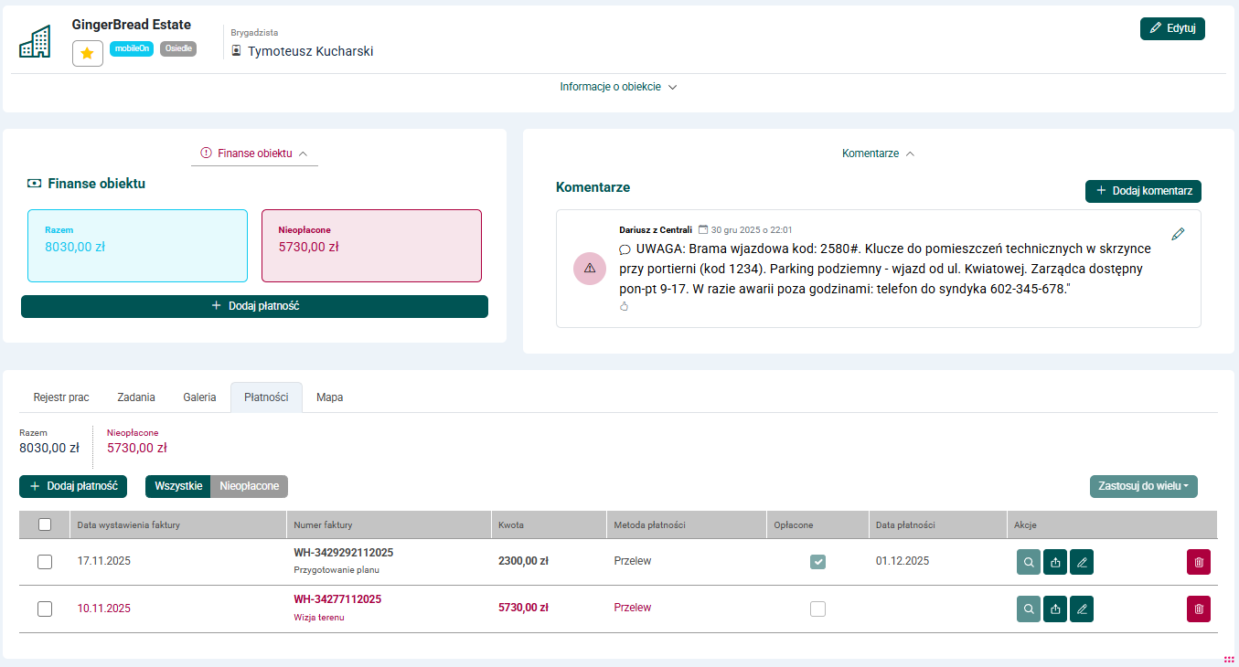 SLR - finanse obiektu, faktury, kwoty i status rozliczeń