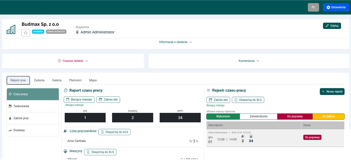 SLR dashboard - mapa z obiektami i zadaniami w czasie rzeczywistym