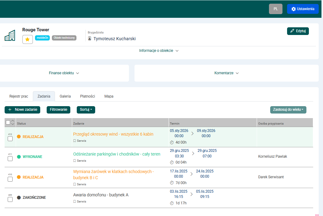 SLR - dashboard aplikacji do zarządzania zespołem w terenie. Lista zadań, statusy i przypisania pracowników
